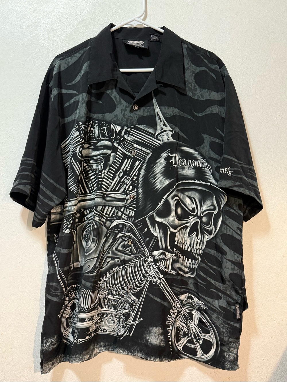 Dragon Fly Black Graphic Skull & Motorcycle Short-Sleeve Shirt XL Men's